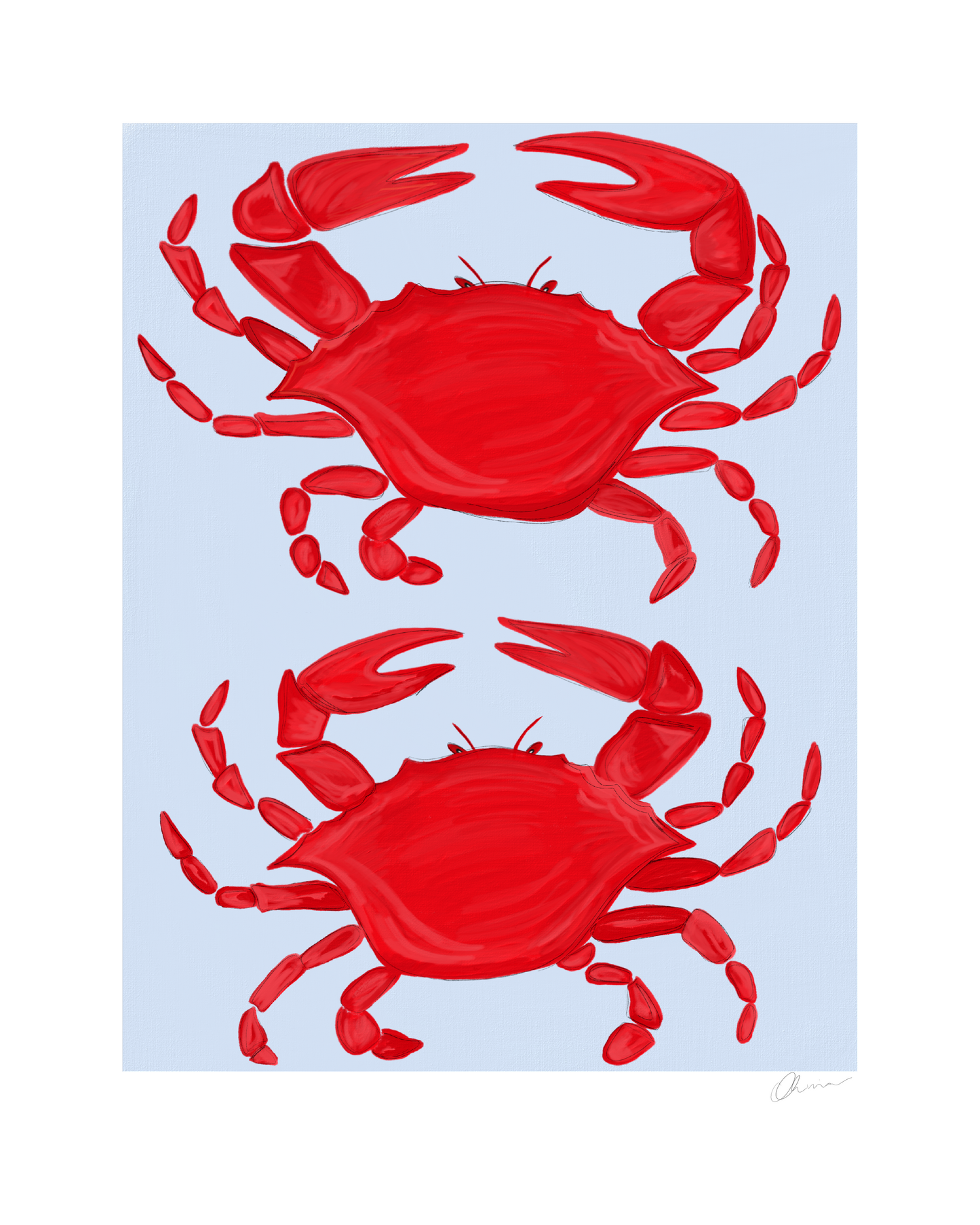 Illustration of two bright red crabs positioned in a mirrored fashion on a light blue background, printed on matte paper. The crabs have detailed claws and legs, with a smooth texture that contrasts with the soft finish of the paper.