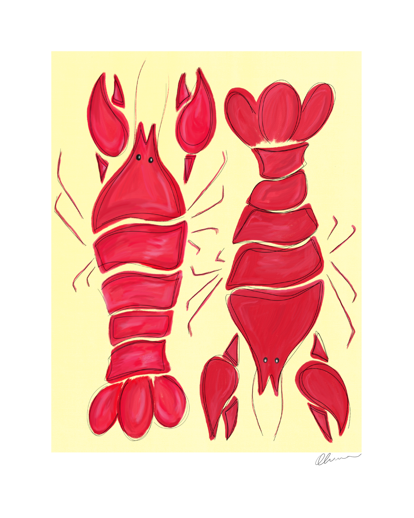 Illustration of two bright red lobsters positioned in a mirrored fashion on a light yellow background, printed on matte paper. The Lobsters have detailed claws and legs, with a smooth texture that contrasts with the soft finish of the paper.